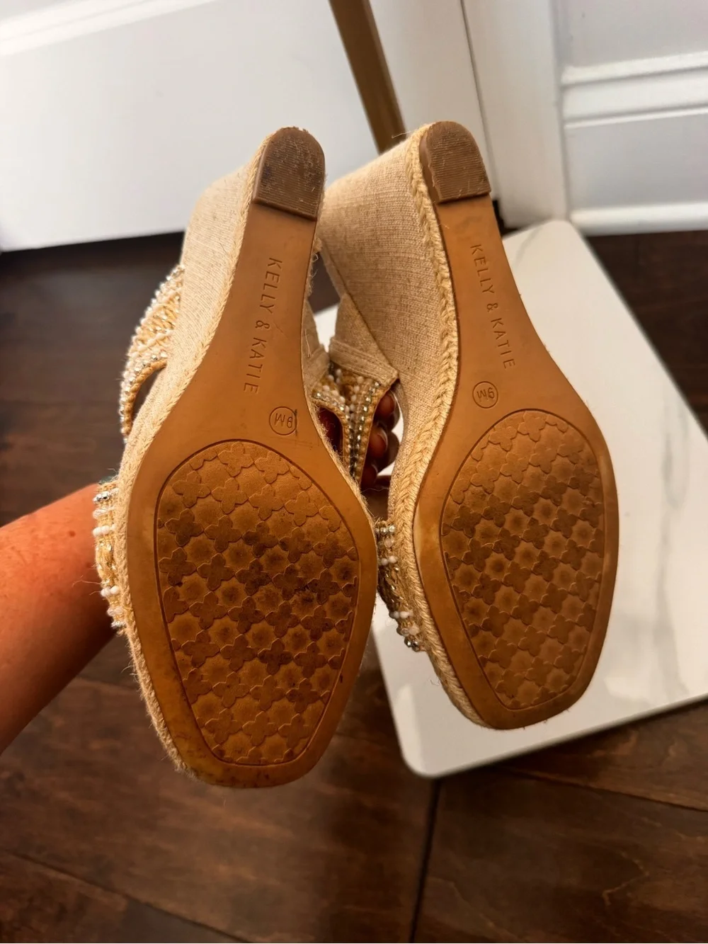 Kelly & Katie Tan Braided Pearl-Embellished Wedge Slides
